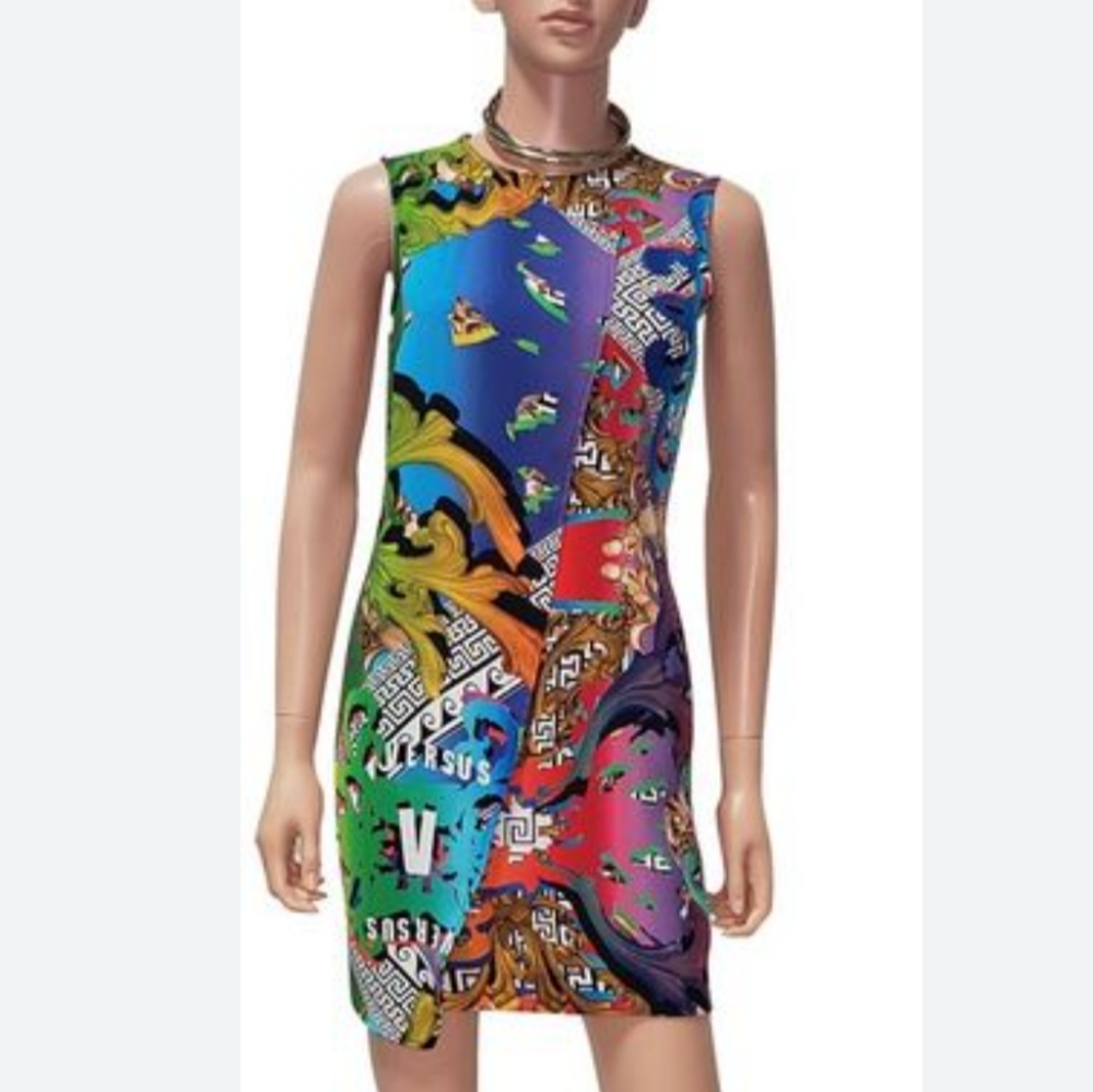 Versus Versace Gianni Versace faux wrap neon multi pattern mini dress 38 US S